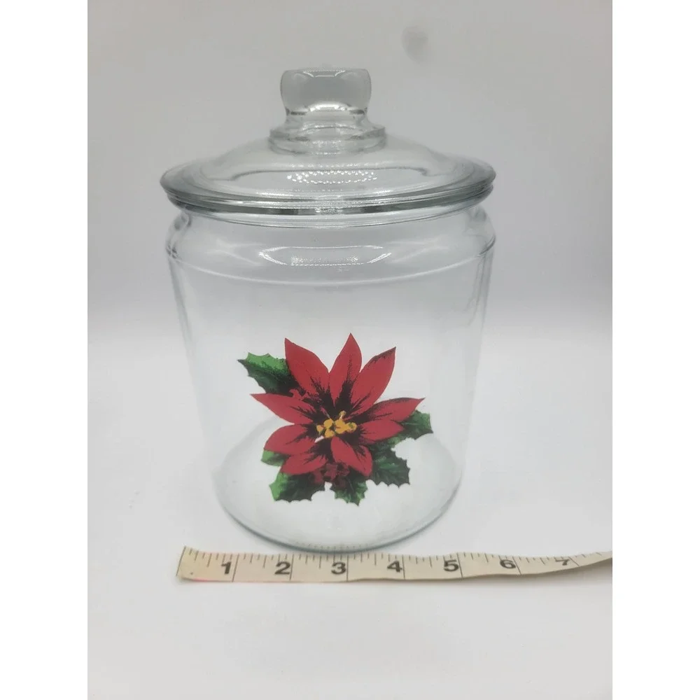 Clear Glass Christmas Poinsettia Canister Jar with Lid Holiday Storage 7in